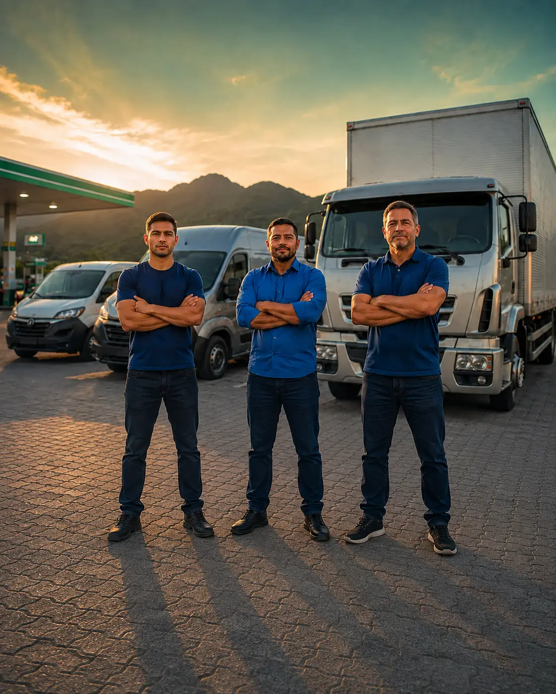 Motoristas parceiros diante de veículos de diferentes portes