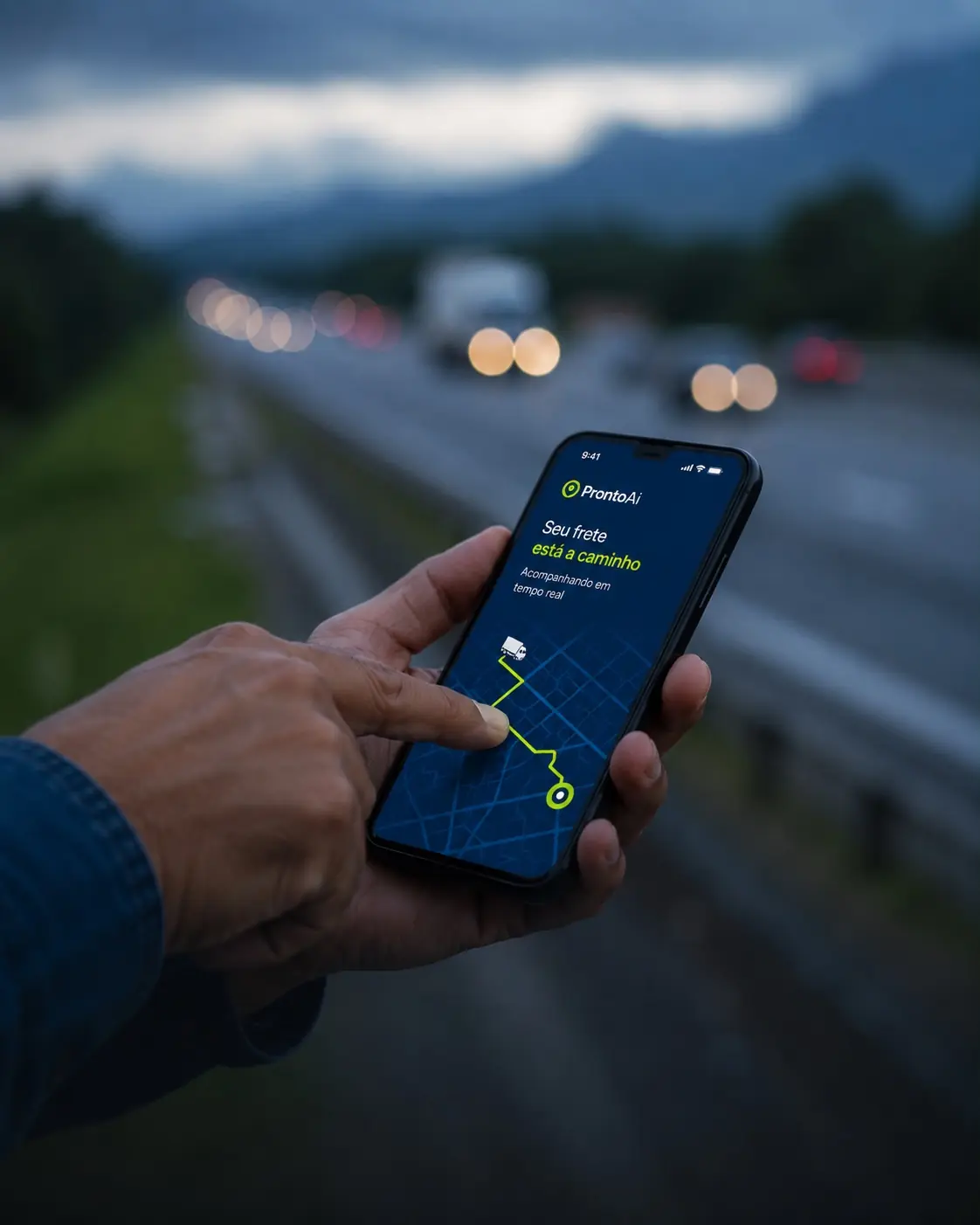 Pessoa acompanhando um frete pelo celular em uma rodovia
